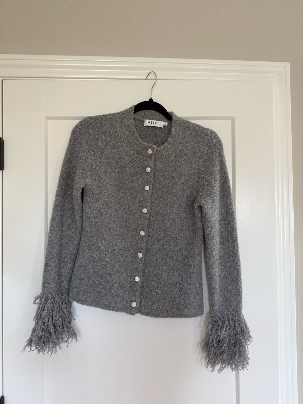 Astr Gray Fringe Cuff Button-Up Cardigan